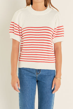 ENGLISH FACTORY - English Factory - Striped Short Puff Sleeve Sweater with Buttons - SWEATERS & KNITS available at Objectrare