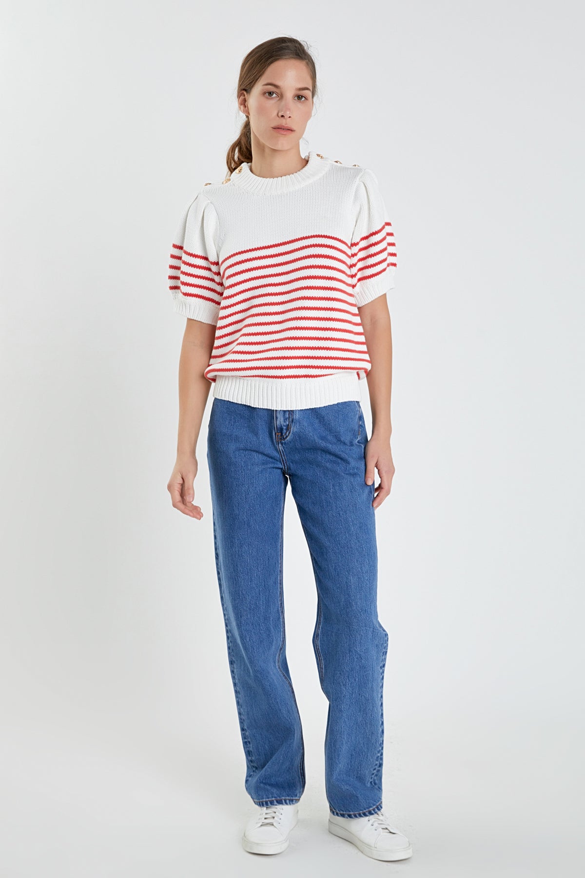 ENGLISH FACTORY - Striped Short Puff Sleeve Sweater with Buttons - SWEATERS & KNITS available at Objectrare