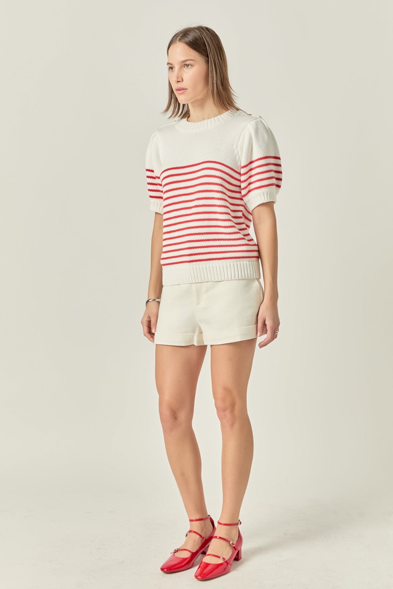 ENGLISH FACTORY - Short Puff Sleeve Striped Sweater with Buttons - SWEATERS & KNITS available at Objectrare