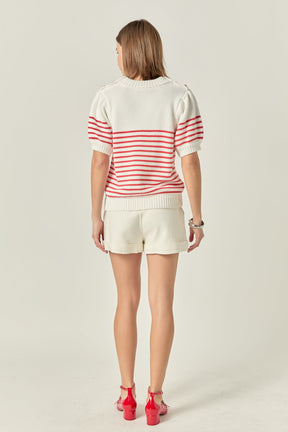 Short Puff Sleeve Striped Sweater with Buttons