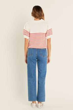 ENGLISH FACTORY - English Factory - Striped Short Puff Sleeve Sweater with Buttons - SWEATERS & KNITS available at Objectrare