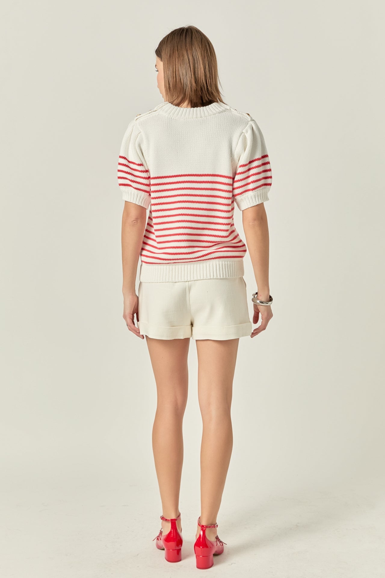 ENGLISH FACTORY - Striped Short Puff Sleeve Sweater with Buttons - SWEATERS & KNITS available at Objectrare