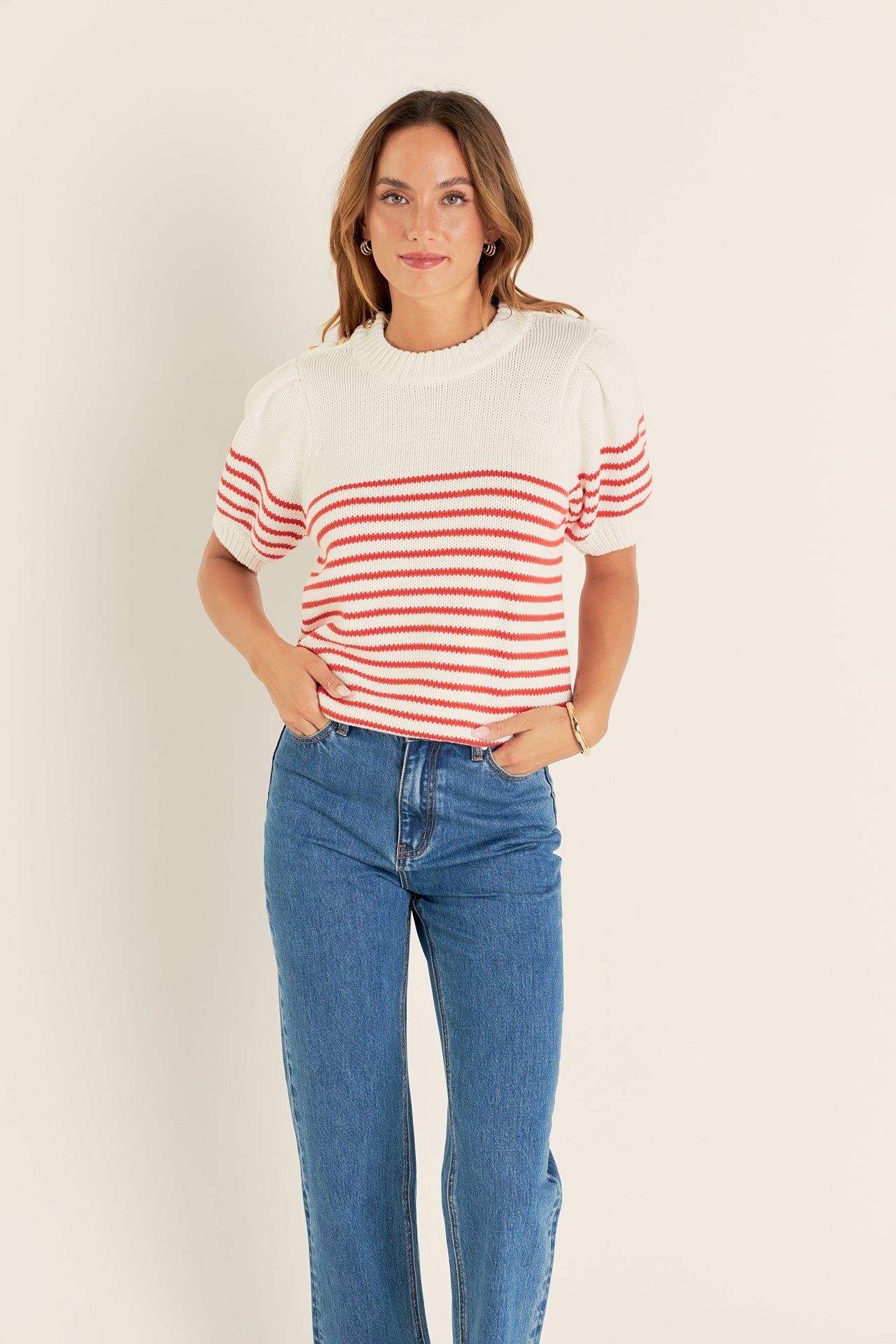 ENGLISH FACTORY - English Factory - Striped Short Puff Sleeve Sweater with Buttons - SWEATERS & KNITS available at Objectrare