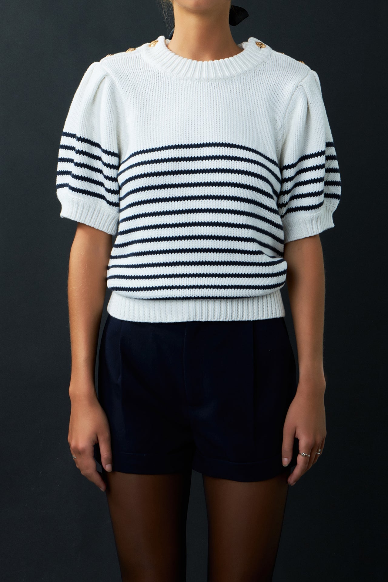 ENGLISH FACTORY - Striped Short Puff Sleeve Sweater with Buttons - SWEATERS & KNITS available at Objectrare