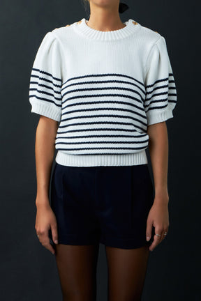 ENGLISH FACTORY - Striped Short Puff Sleeve Sweater with Buttons - SWEATERS & KNITS available at Objectrare