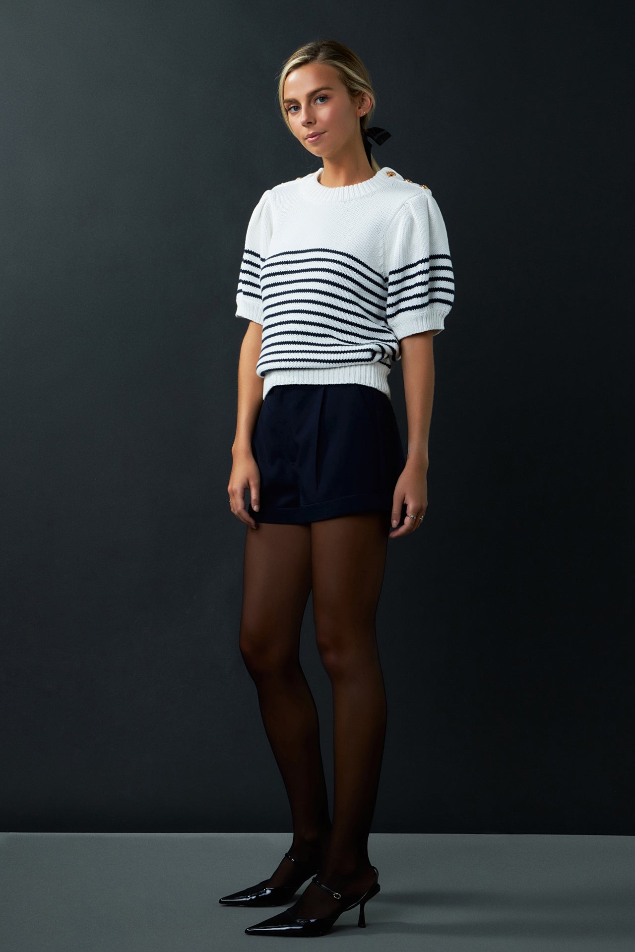 ENGLISH FACTORY - Striped Short Puff Sleeve Sweater with Buttons - SWEATERS & KNITS available at Objectrare
