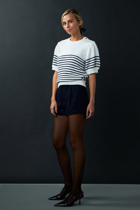 ENGLISH FACTORY - Striped Short Puff Sleeve Sweater with Buttons - SWEATERS & KNITS available at Objectrare
