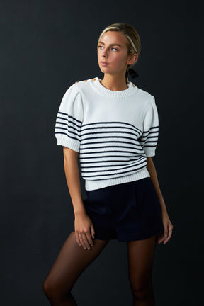 ENGLISH FACTORY - Striped Short Puff Sleeve Sweater with Buttons - SWEATERS & KNITS available at Objectrare
