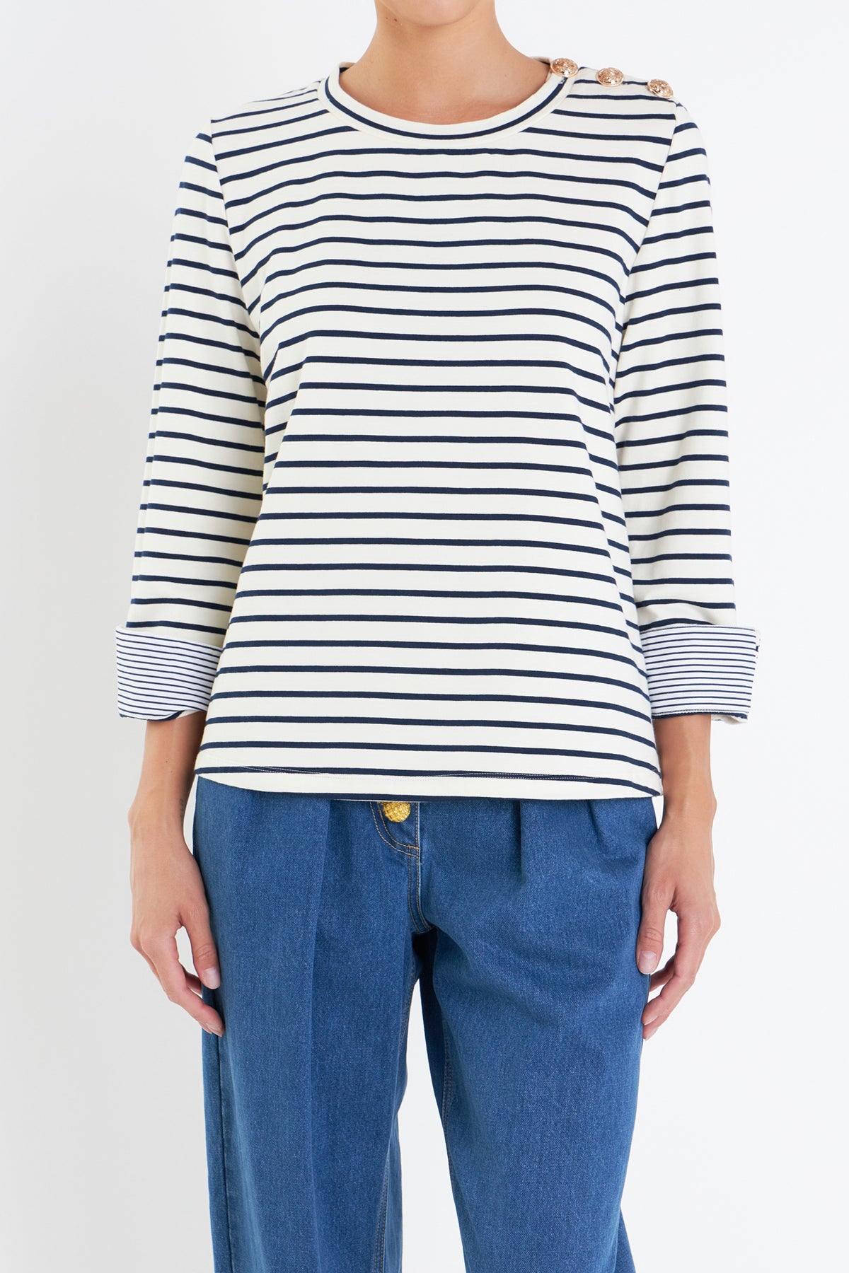 ENGLISH FACTORY - Striped Breton Tee with Fold Over Combo Cuff - TOPS available at Objectrare