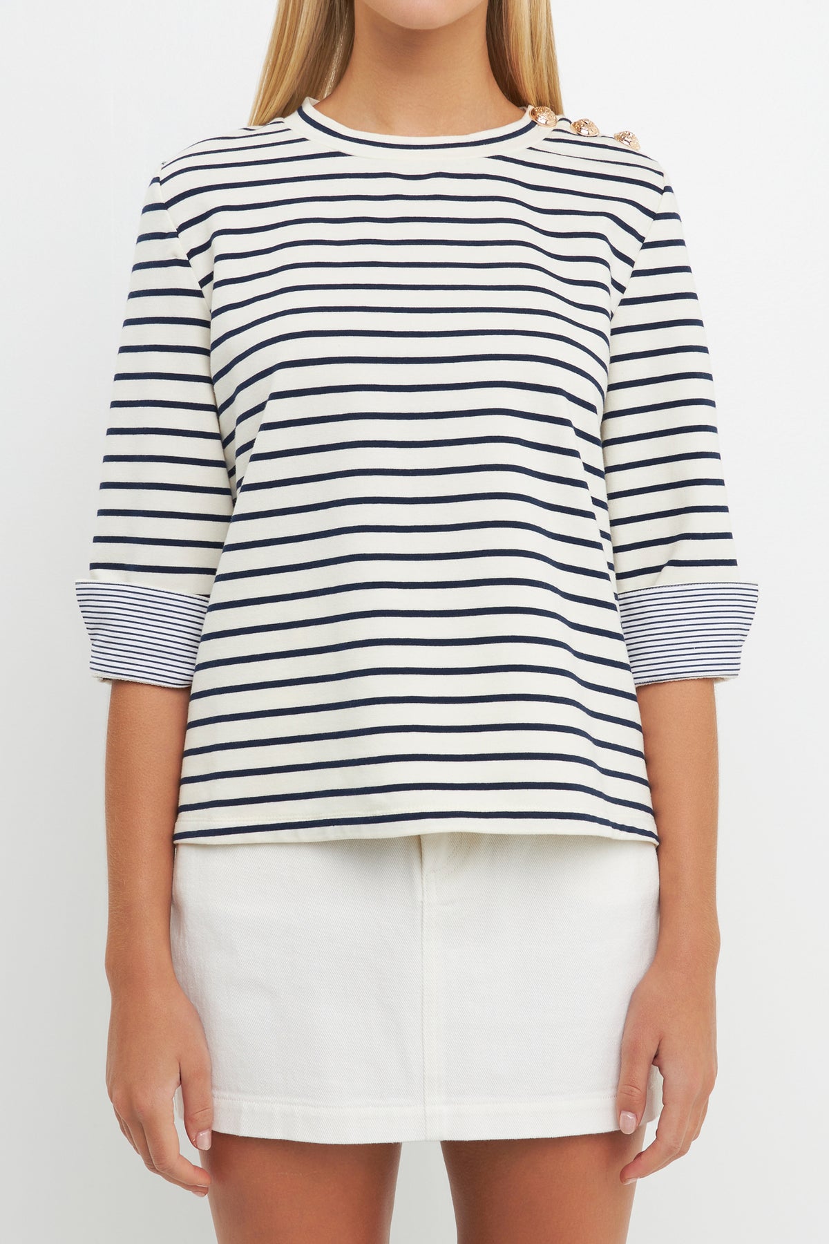 ENGLISH FACTORY - Striped Breton Tee with Fold Over Combo Cuff - TOPS available at Objectrare