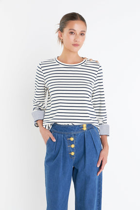 ENGLISH FACTORY - English Factory - Striped Breton Tee with Fold Over Combo Cuff - TOPS available at Objectrare