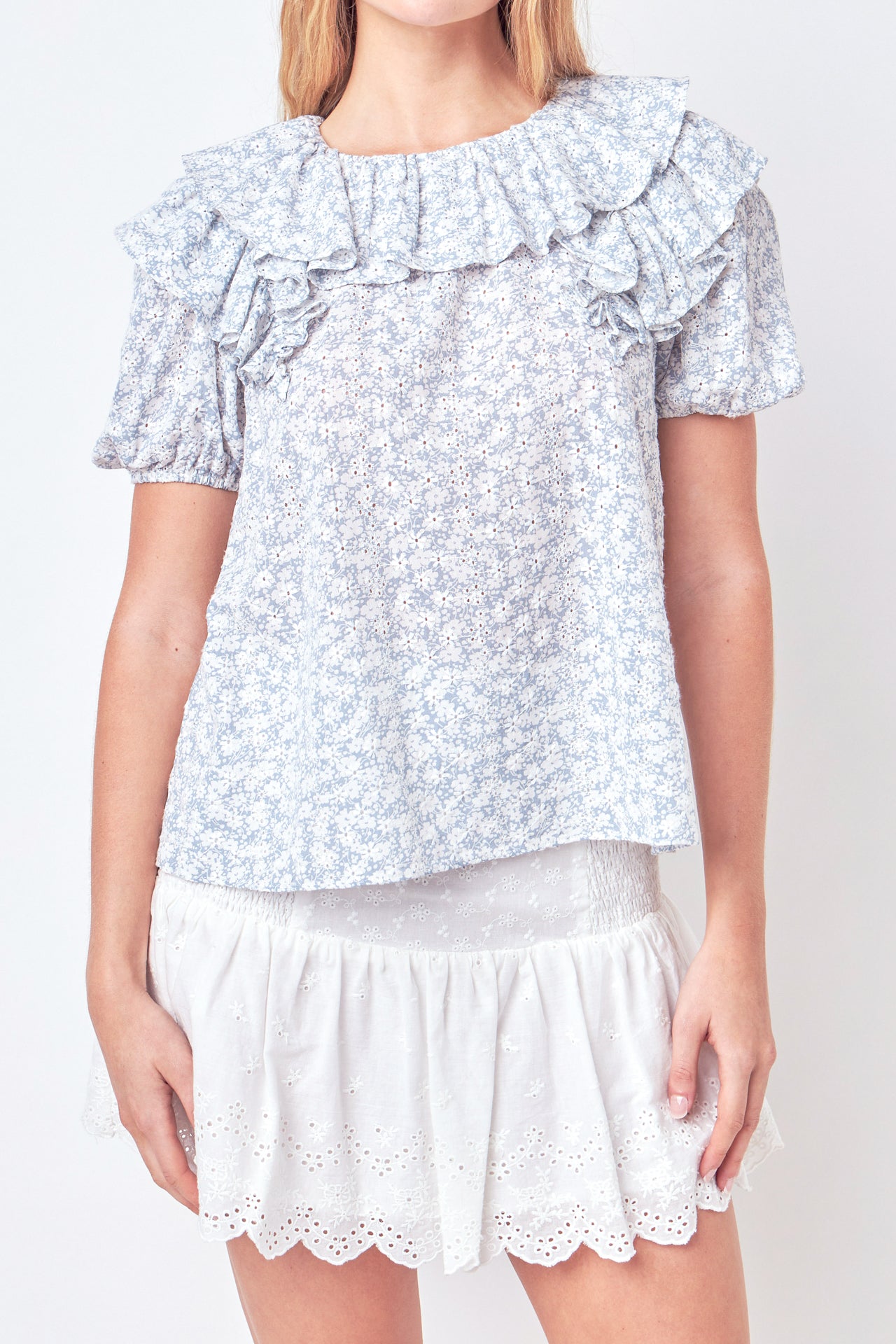 FREE THE ROSES - Floral Print Ruffle Top with Puff Sleeves - TOPS available at Objectrare