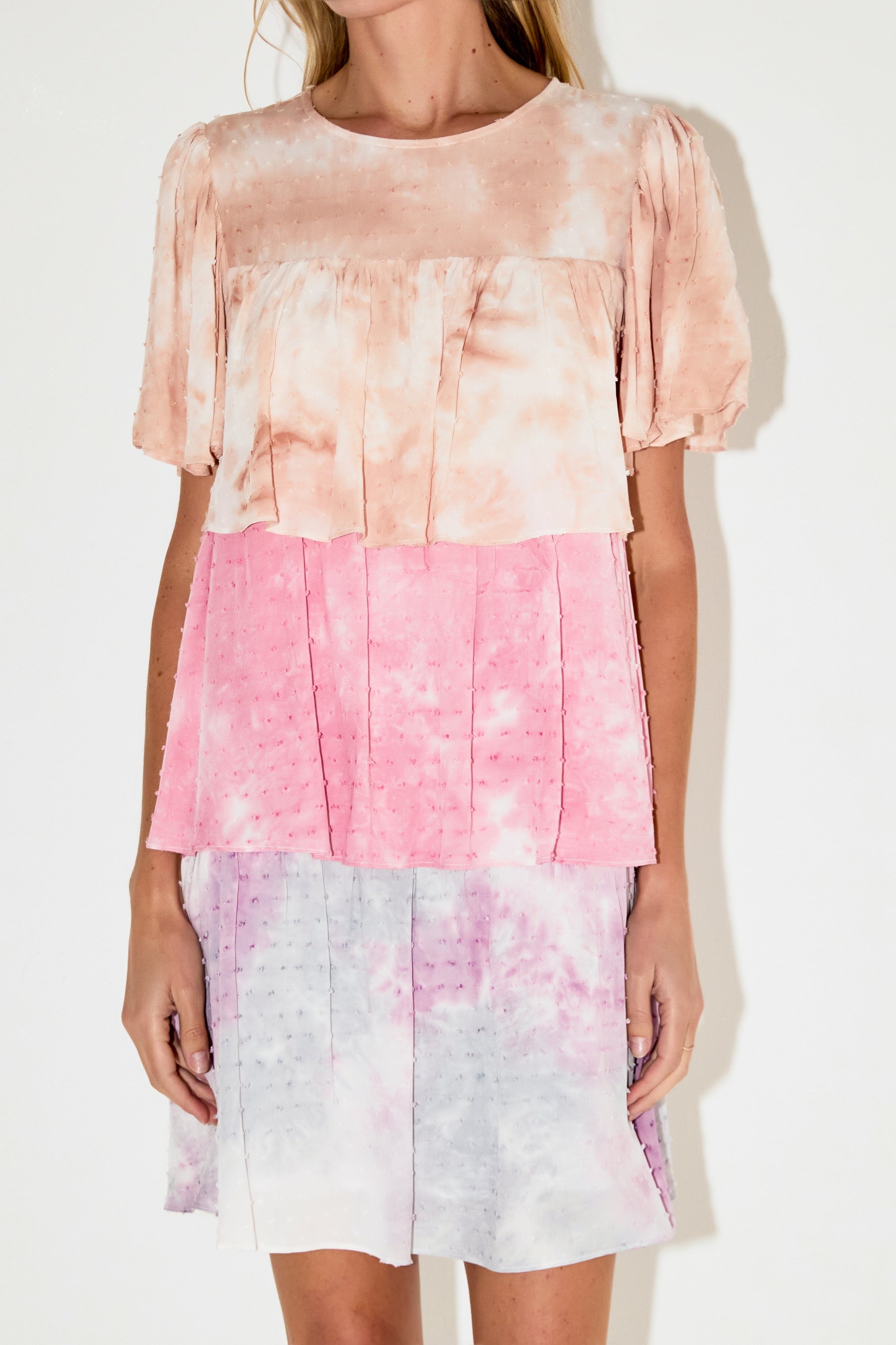 FREE THE ROSES - Tie Dye Swiss Dot Tiered Mini Dress - DRESSES available at Objectrare