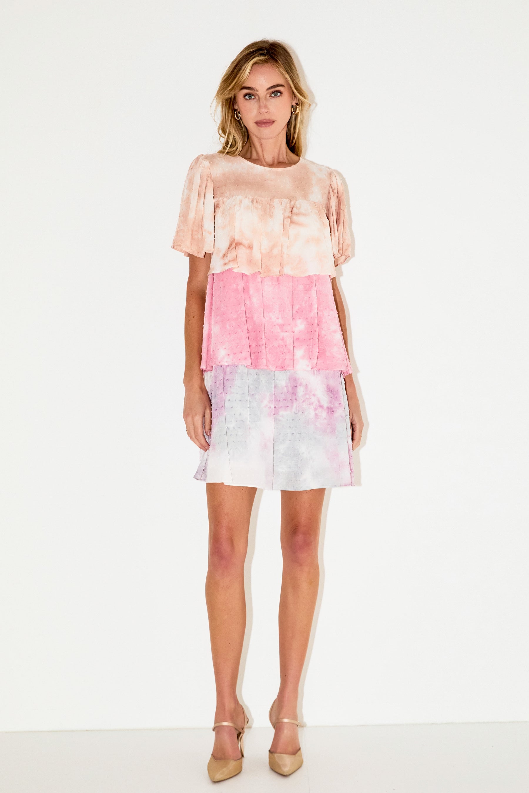 FREE THE ROSES - Tie Dye Swiss Dot Tiered Mini Dress - DRESSES available at Objectrare