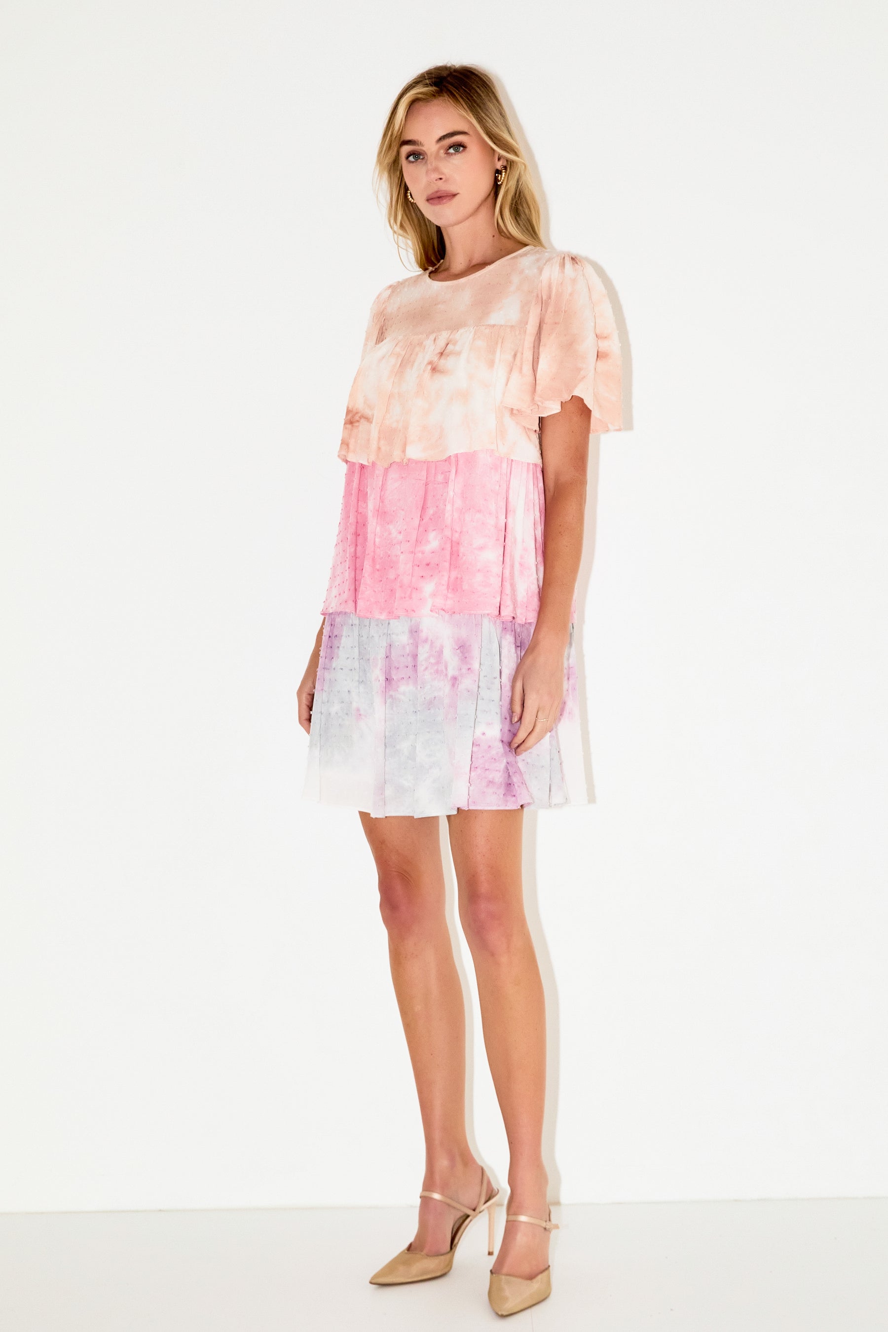 FREE THE ROSES - Tie Dye Swiss Dot Tiered Mini Dress - DRESSES available at Objectrare
