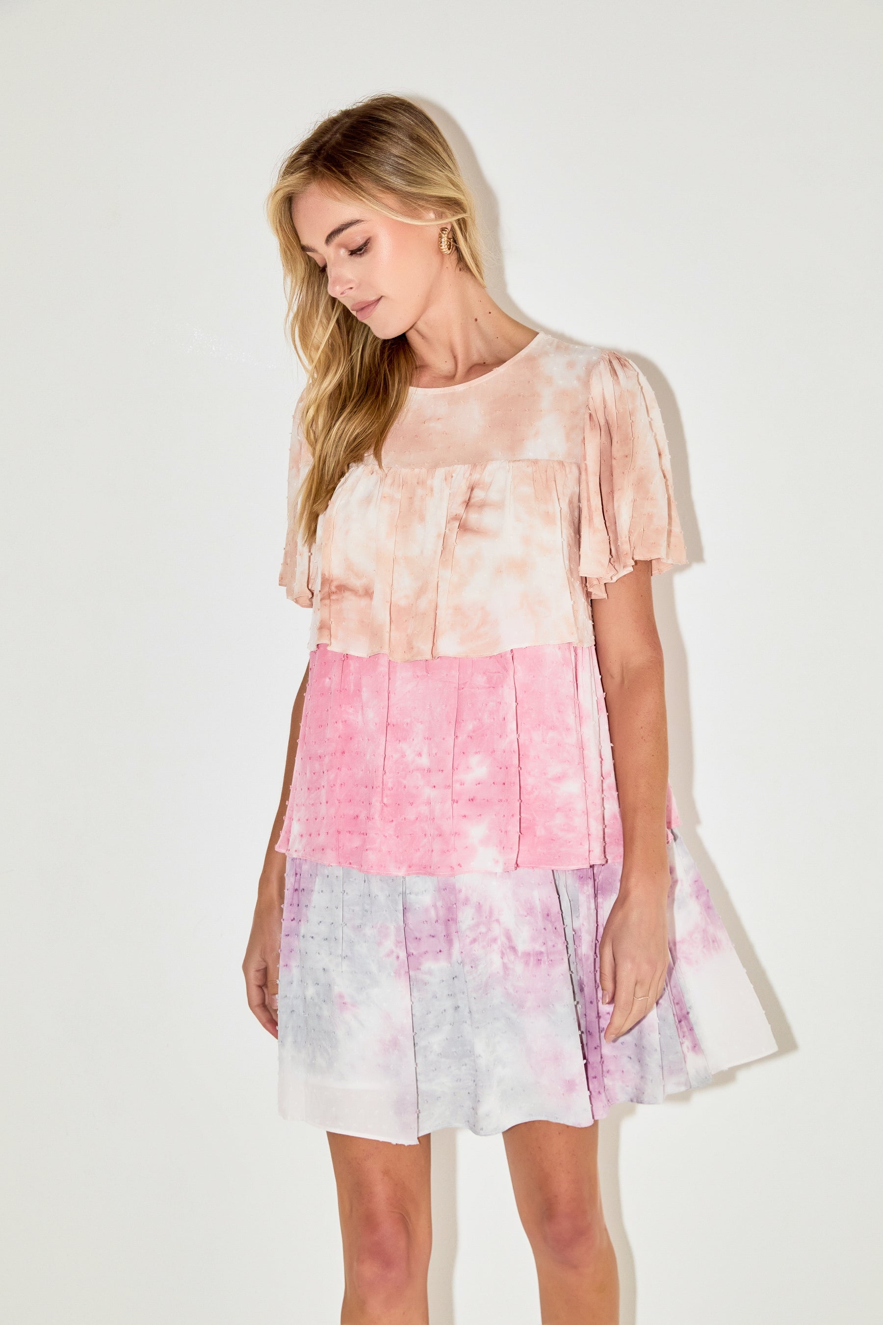 FREE THE ROSES - Tie Dye Swiss Dot Tiered Mini Dress - DRESSES available at Objectrare