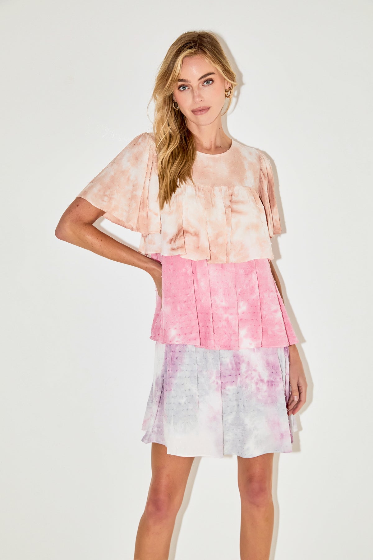 Tie Dye Swiss Dot Tiered Mini Dress