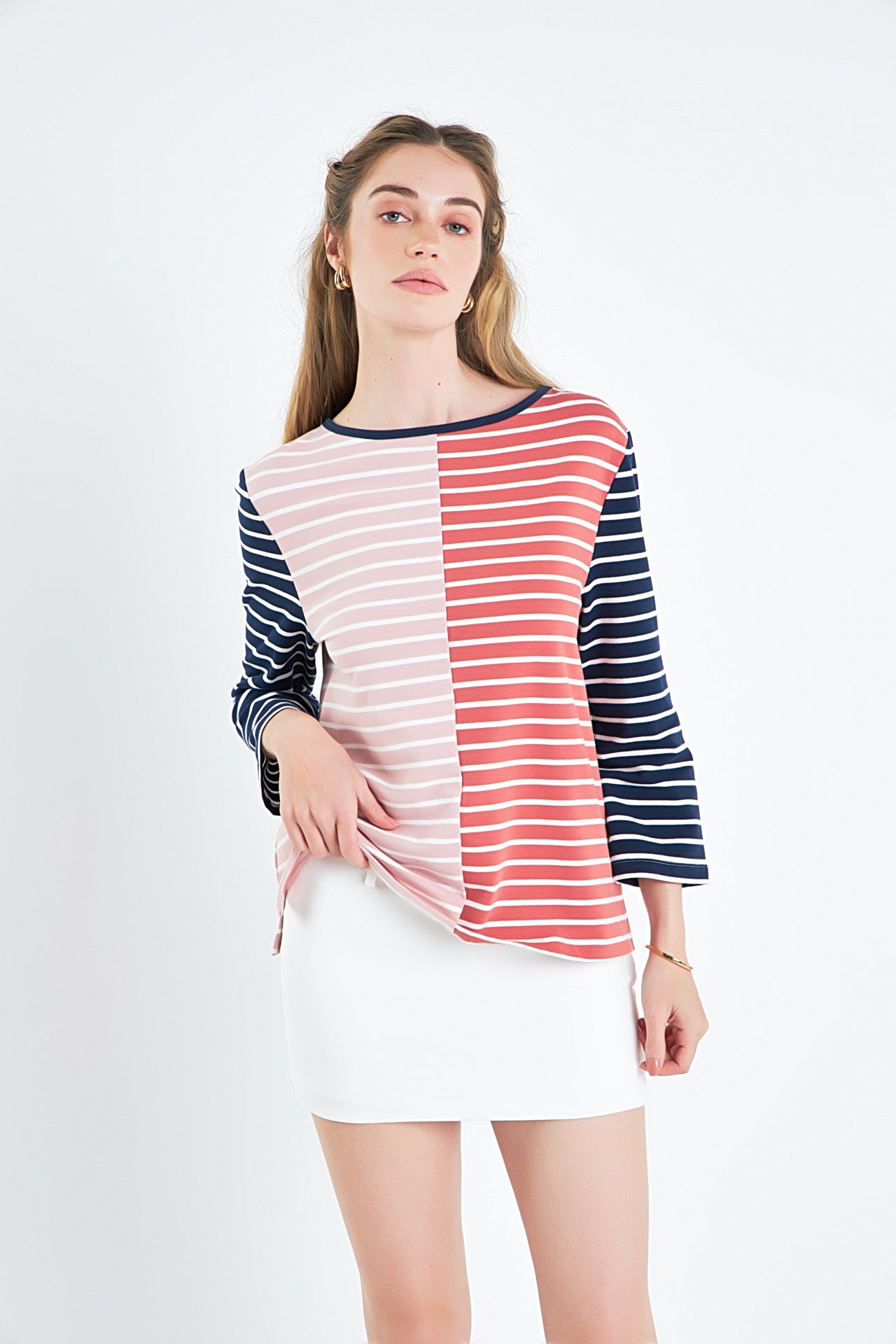 ENGLISH FACTORY - Striped Color Blocked 3/4 Length Sleeve Tee - TOPS available at Objectrare