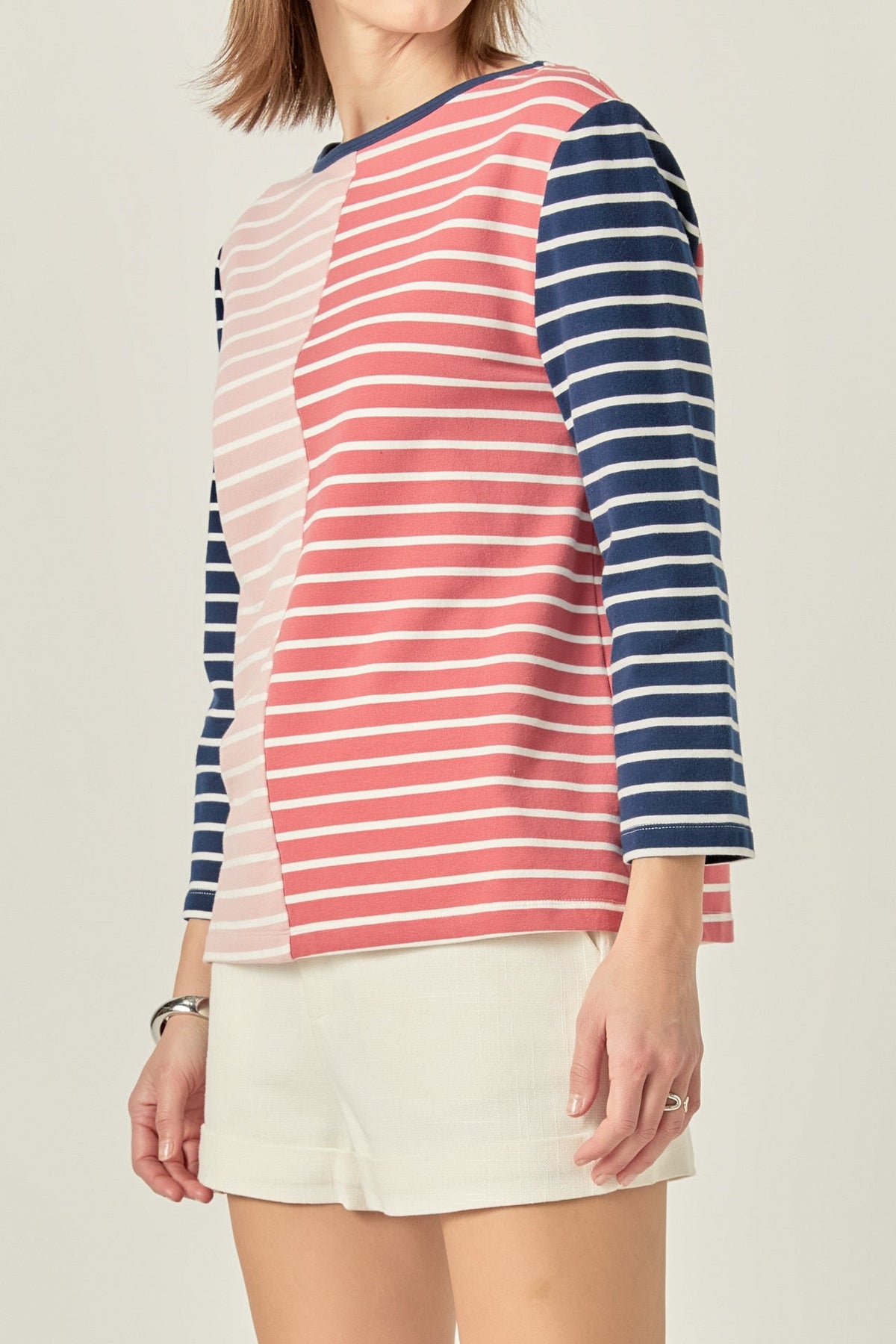 ENGLISH FACTORY - Striped Color Blocked 3/4 Length Sleeve Tee - TOPS available at Objectrare