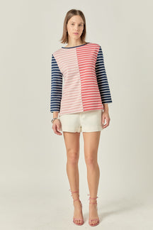 ENGLISH FACTORY - Striped Color Blocked 3/4 Length Sleeve Tee - TOPS available at Objectrare