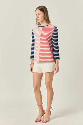 ENGLISH FACTORY - Striped Color Blocked 3/4 Length Sleeve Tee - TOPS available at Objectrare