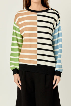 ENGLISH FACTORY - Striped Combo Sweater with Buttons - SWEATERS & KNITS available at Objectrare