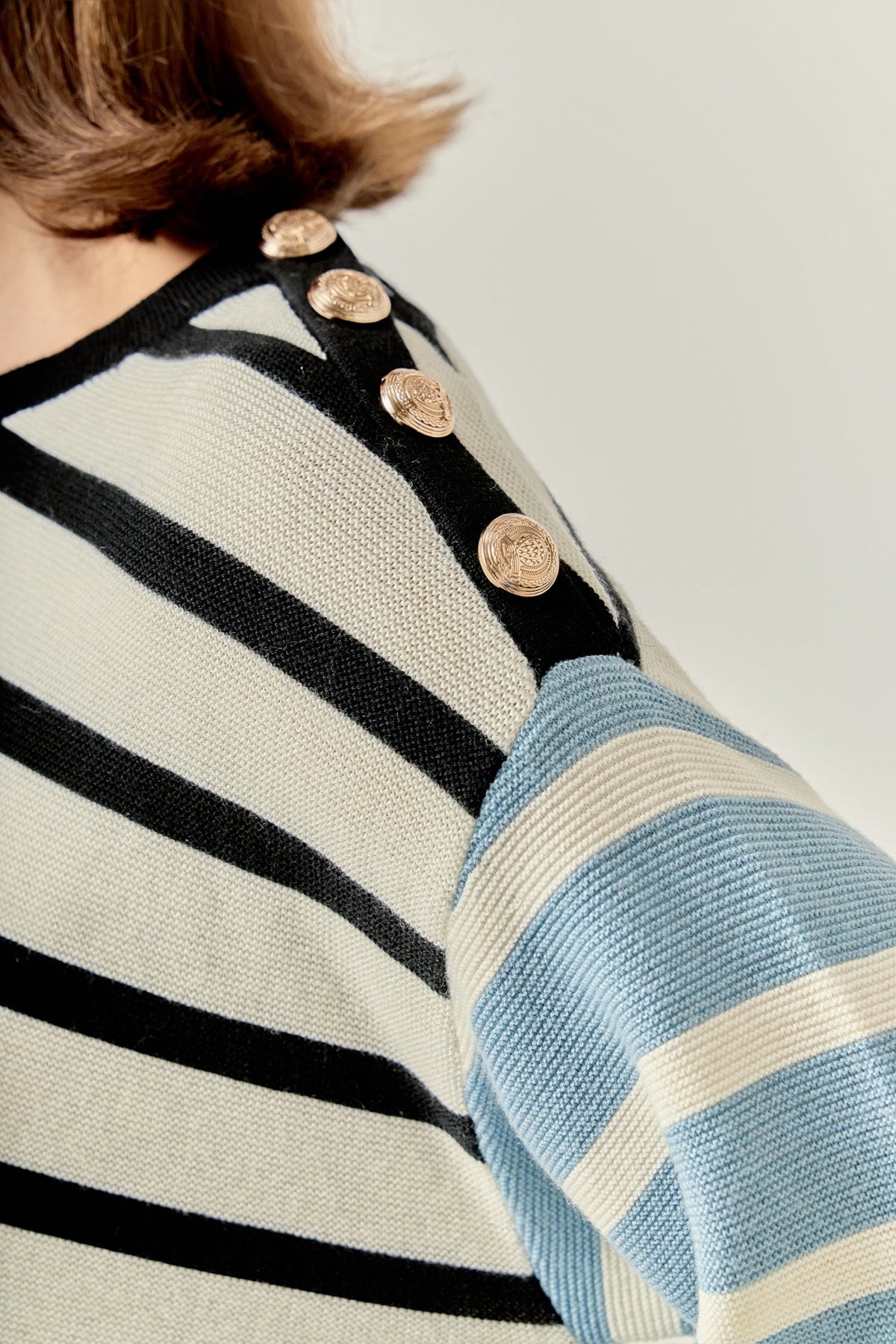 ENGLISH FACTORY - Striped Combo Sweater with Buttons - SWEATERS & KNITS available at Objectrare