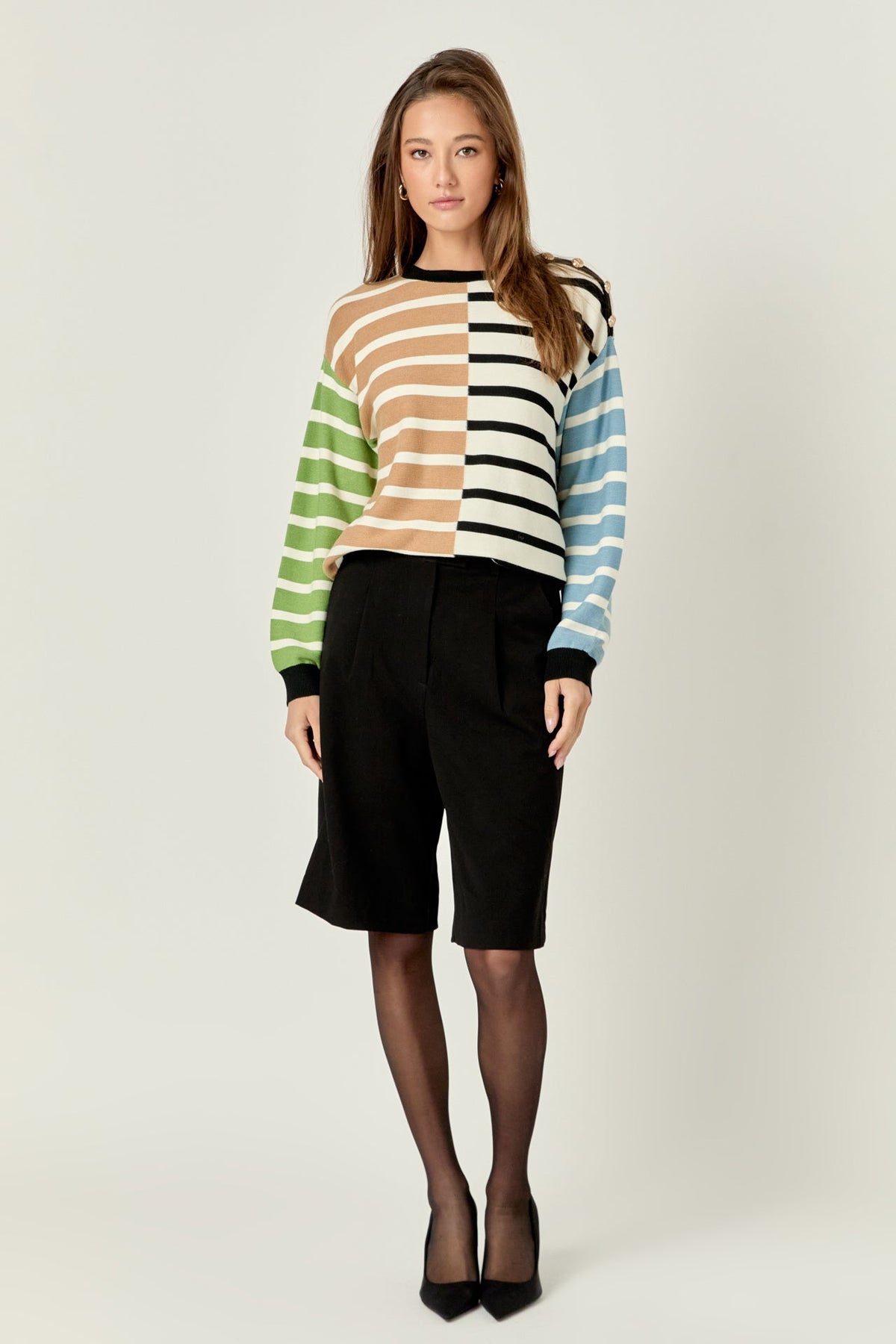 ENGLISH FACTORY - English Factory - Striped Combo Sweater with Buttons - SWEATERS & KNITS available at Objectrare