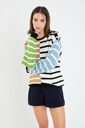 ENGLISH FACTORY - Striped Combo Sweater with Buttons - SWEATERS & KNITS available at Objectrare