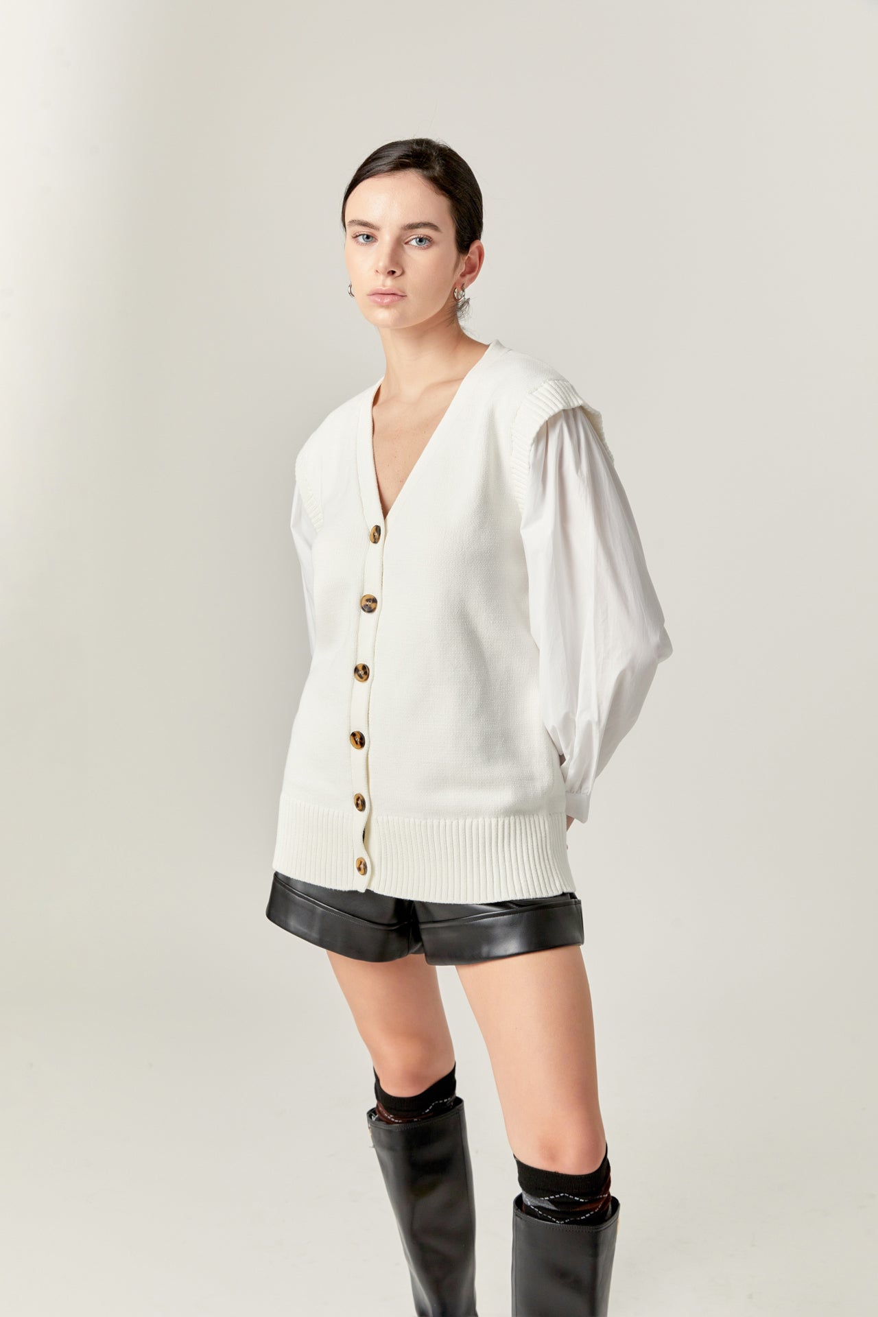ENGLISH FACTORY - Knit and Poplin Combo Cardigan - SWEATERS & KNITS available at Objectrare