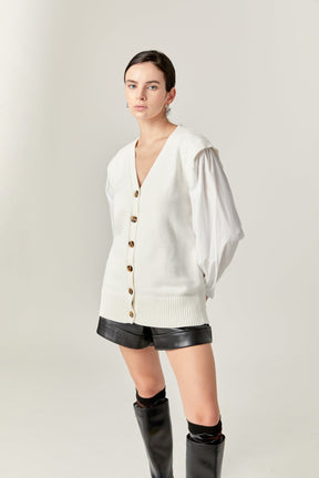 ENGLISH FACTORY - Knit and Poplin Combo Cardigan - SWEATERS & KNITS available at Objectrare