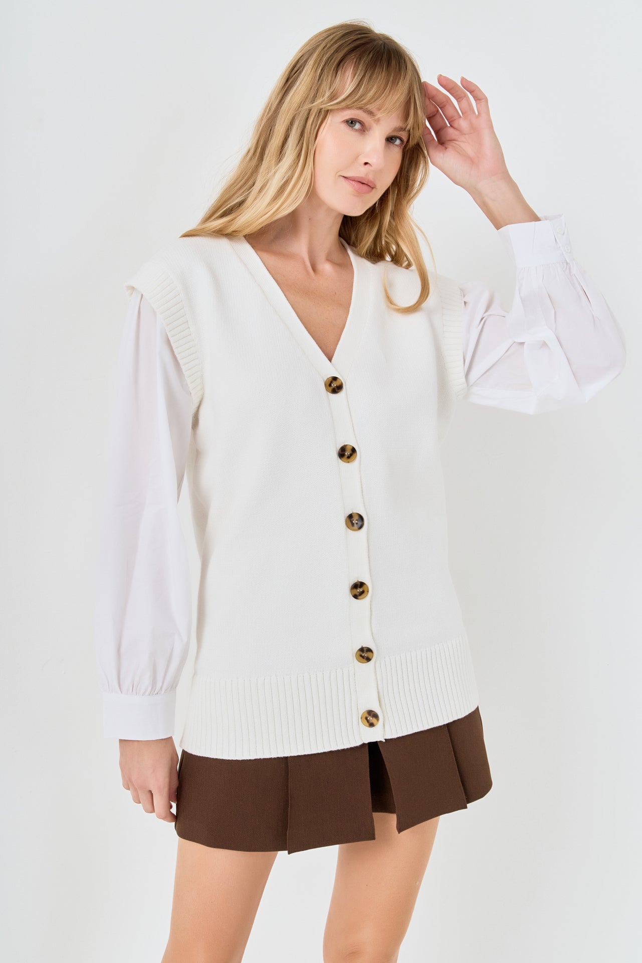 ENGLISH FACTORY - Knit and Poplin Combo Cardigan - SWEATERS & KNITS available at Objectrare
