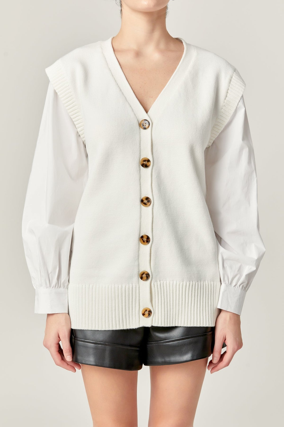 ENGLISH FACTORY - Knit and Poplin Combo Cardigan - SWEATERS & KNITS available at Objectrare