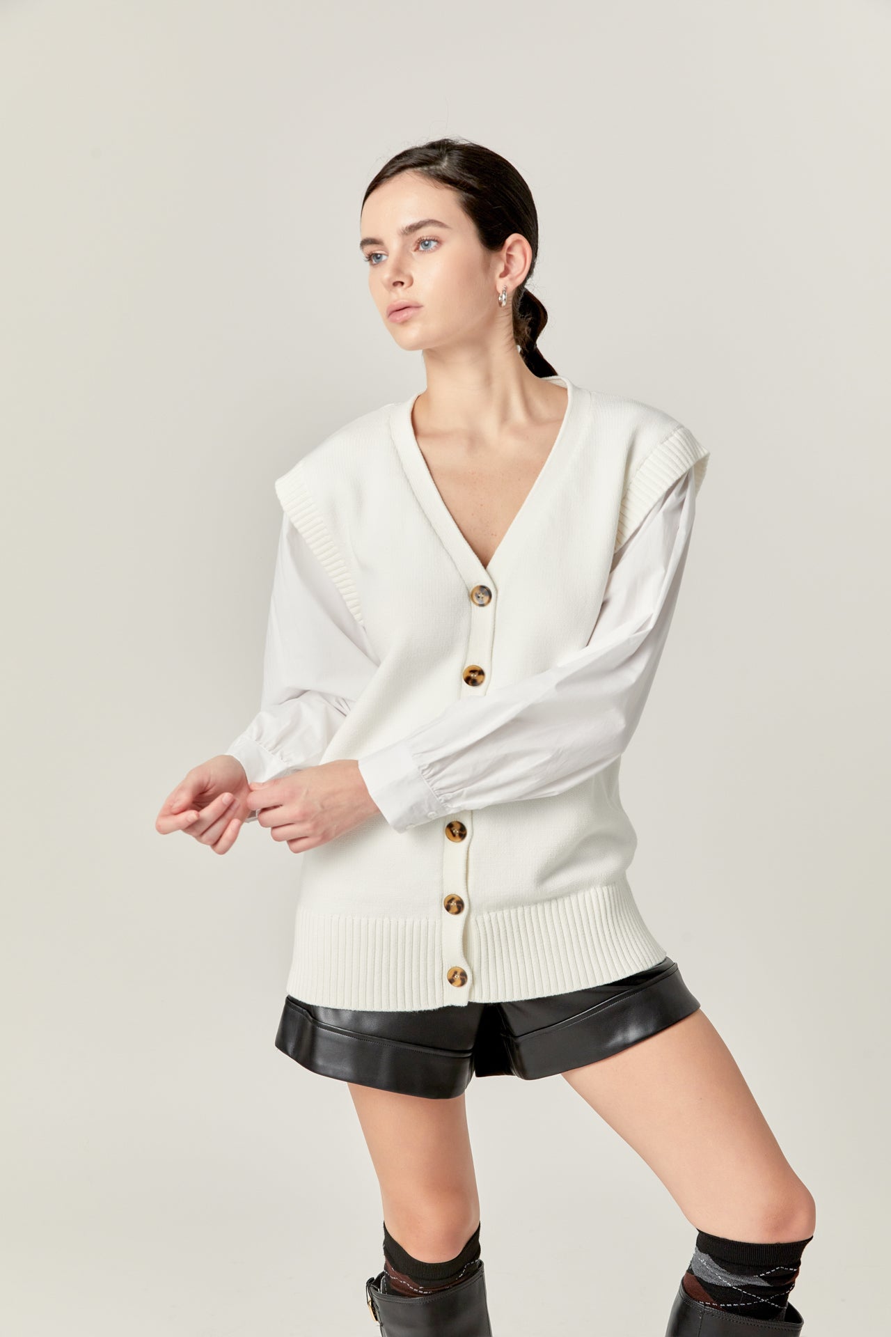 ENGLISH FACTORY - Knit and Poplin Combo Cardigan - CARDIGANS available at Objectrare