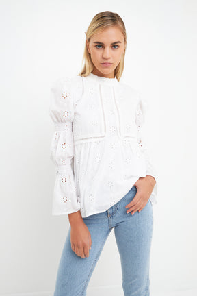 ENGLISH FACTORY - Embroidered Swiss Dot Ruched Sleeve Top - TOPS available at Objectrare