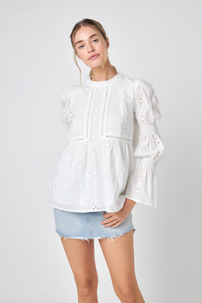 ENGLISH FACTORY - Embroidered Swiss Dot Ruched Sleeve Top - TOPS available at Objectrare