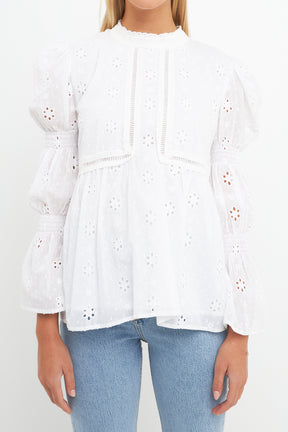 ENGLISH FACTORY - Embroidered Swiss Dot Ruched Sleeve Top - TOPS available at Objectrare