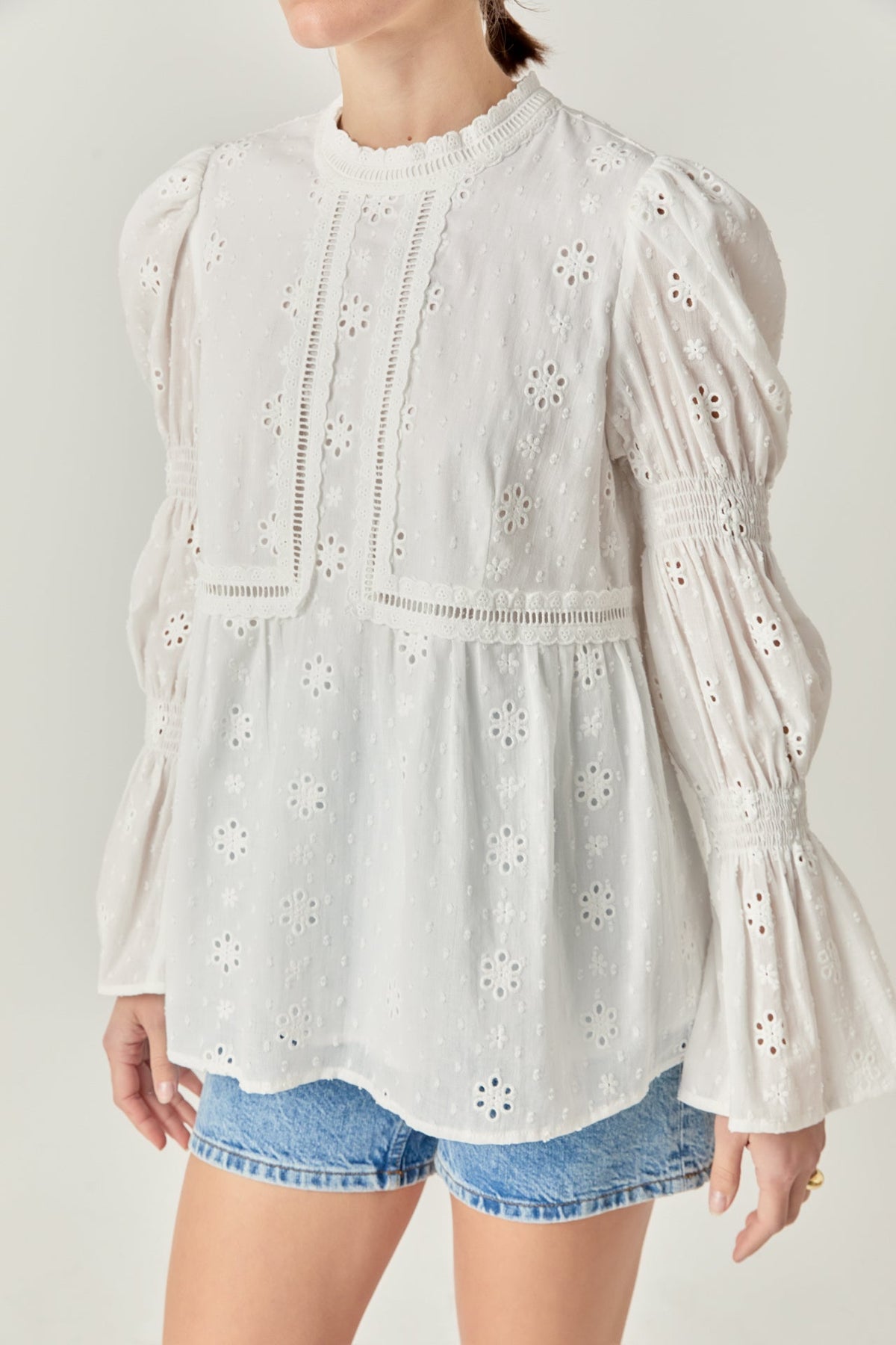 ENGLISH FACTORY - Embroidered Swiss Dot Ruched Sleeve Top - TOPS available at Objectrare
