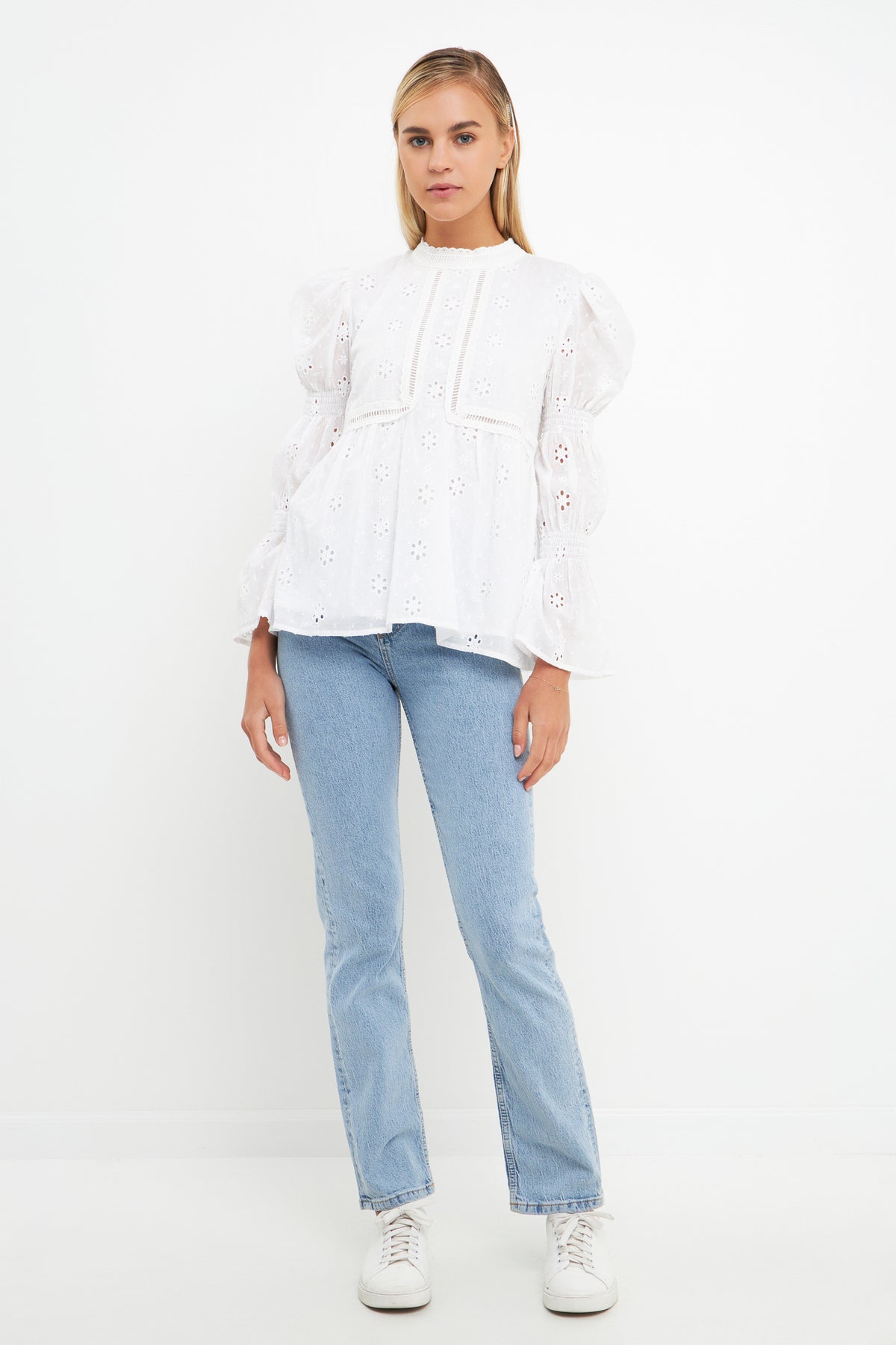 ENGLISH FACTORY - Embroidered Swiss Dot Ruched Sleeve Top - TOPS available at Objectrare