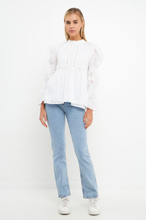 ENGLISH FACTORY - Embroidered Swiss Dot Ruched Sleeve Top - TOPS available at Objectrare