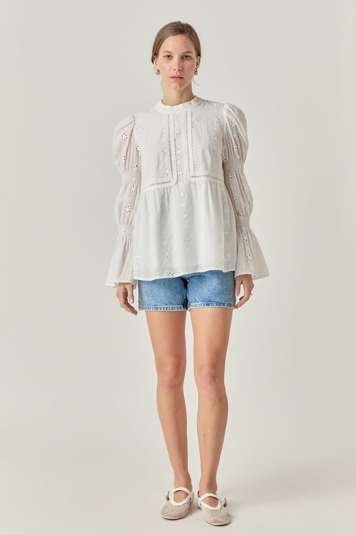 ENGLISH FACTORY - Embroidered Swiss Dot Ruched Sleeve Top - TOPS available at Objectrare