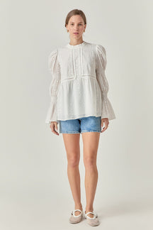 ENGLISH FACTORY - Embroidered Swiss Dot Ruched Sleeve Top - TOPS available at Objectrare