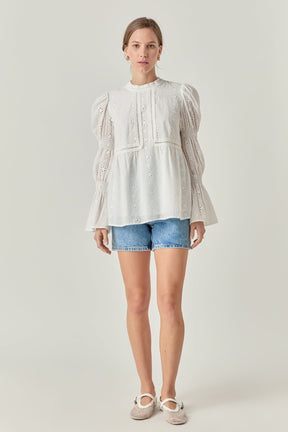 ENGLISH FACTORY - Embroidered Swiss Dot Ruched Sleeve Top - TOPS available at Objectrare