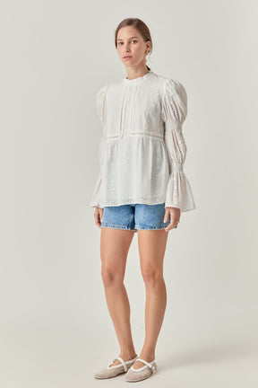 ENGLISH FACTORY - Embroidered Swiss Dot Ruched Sleeve Top - TOPS available at Objectrare