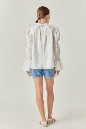 ENGLISH FACTORY - Embroidered Swiss Dot Ruched Sleeve Top - TOPS available at Objectrare