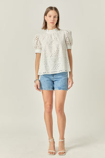 ENGLISH FACTORY - Broderie Anglaise Puff Sleeve Top - TOPS available at Objectrare