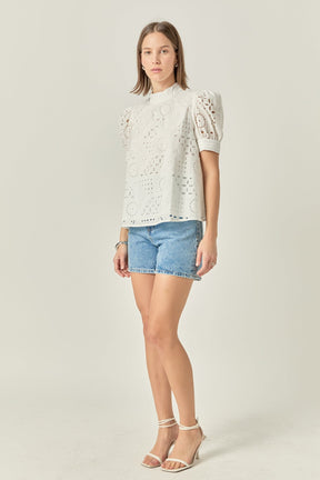 ENGLISH FACTORY - Broderie Anglaise Puff Sleeve Top - TOPS available at Objectrare