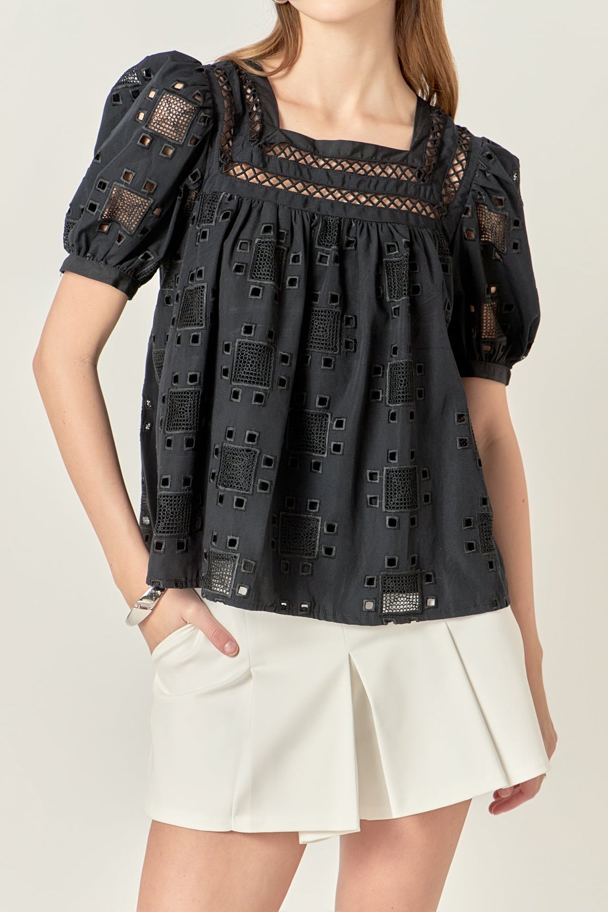 ENGLISH FACTORY - Square Neck Embroidered Top - TOPS available at Objectrare