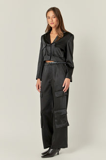 ENGLISH FACTORY - Satin Wide Leg Cargo Pants - PANTS available at Objectrare