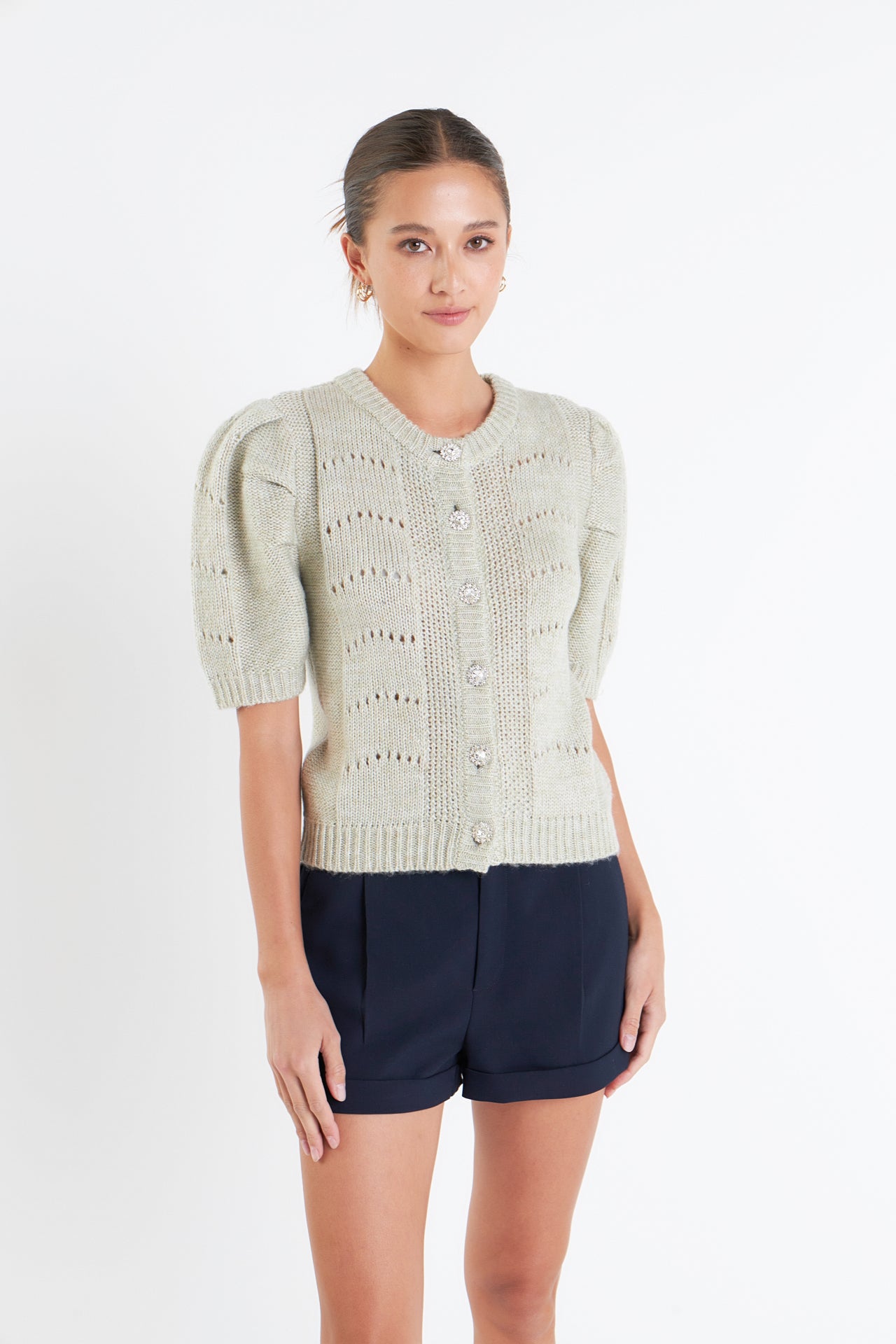 ENGLISH FACTORY - Short Puff Sleeve Knit Cardigan - SWEATERS & KNITS available at Objectrare